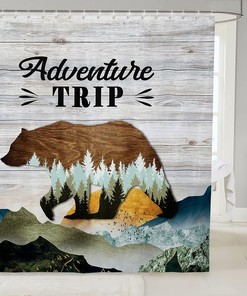 Rustic Bear Silhouette Shower Curtain With Mountain Scenery For Farmhouse Jungle Bath