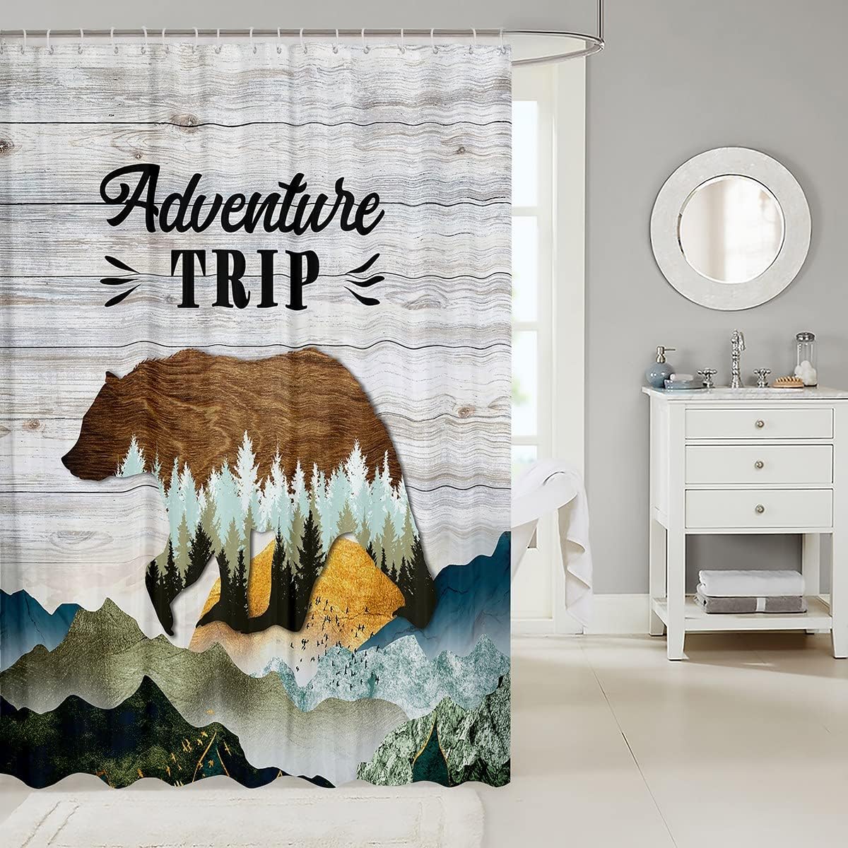Rustic Bear Silhouette Shower Curtain With Mountain Scenery For Farmhouse Jungle Bath - Image 2