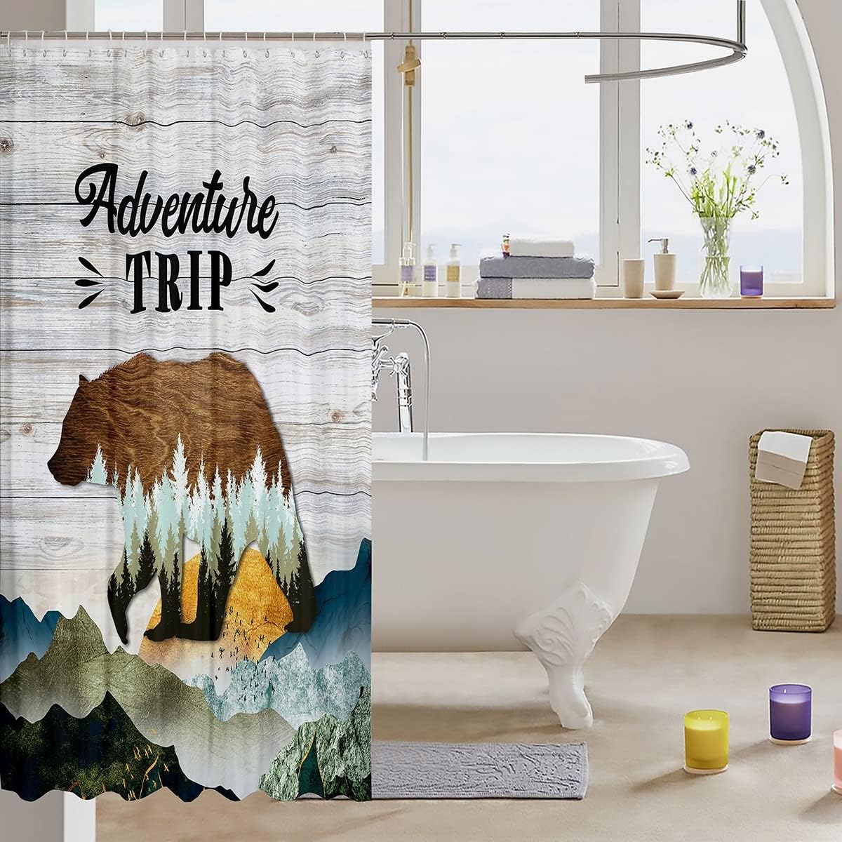 Rustic Bear Silhouette Shower Curtain With Mountain Scenery For Farmhouse Jungle Bath - Image 3