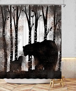 Rustic Bear Silhouette Shower Curtain with Birch Tree Forest Scene for Farmhouse Cabin Bathroom 