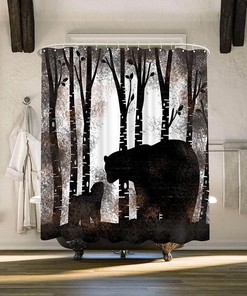 Rustic Bear Silhouette Shower Curtain with Birch Tree Forest Scene for Farmhouse Cabin Bathroom