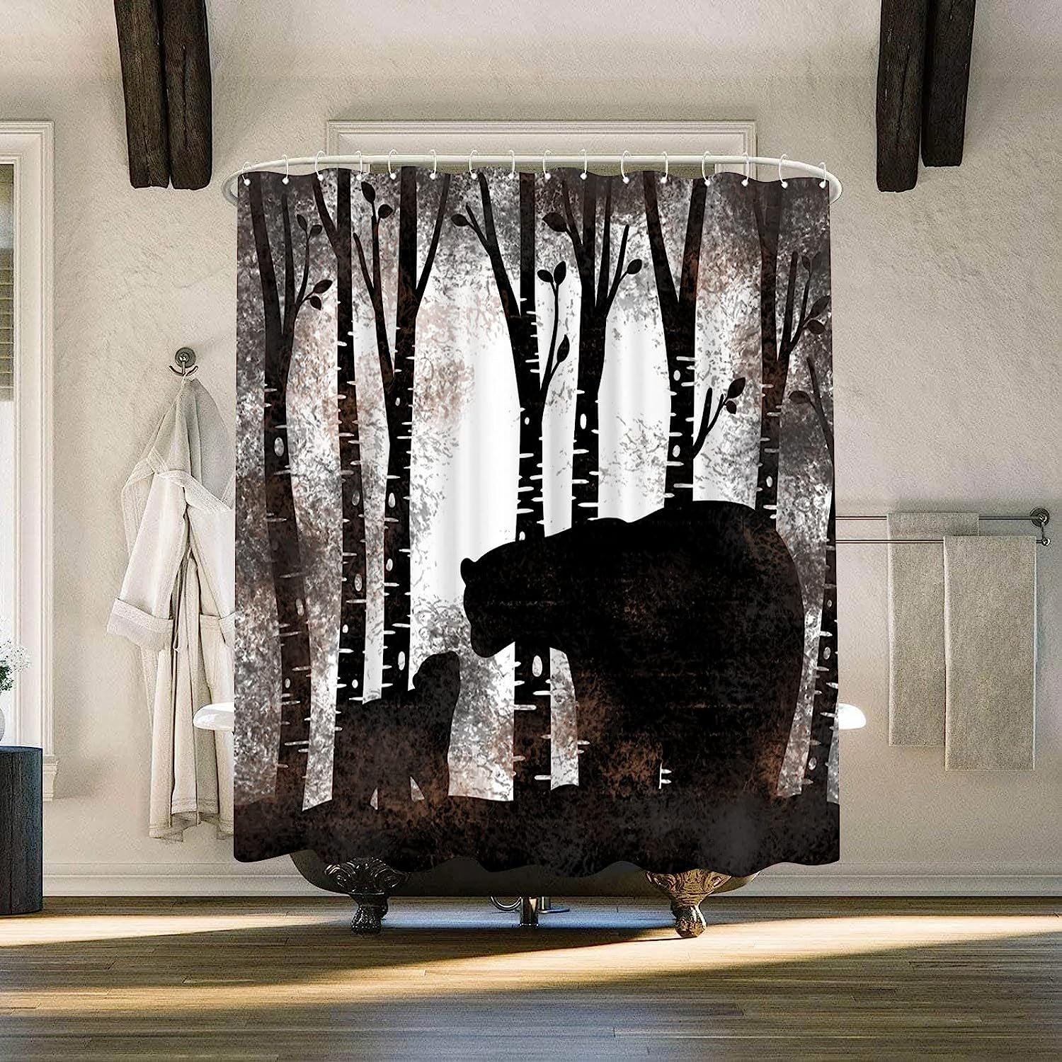 Rustic Bear Silhouette Shower Curtain with Birch Tree Forest Scene for Farmhouse Cabin Bathroom