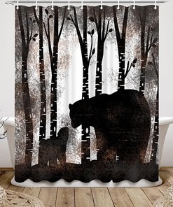Rustic Bear Silhouette Shower Curtain with Birch Tree Forest Scene for Farmhouse Cabin Bathroom