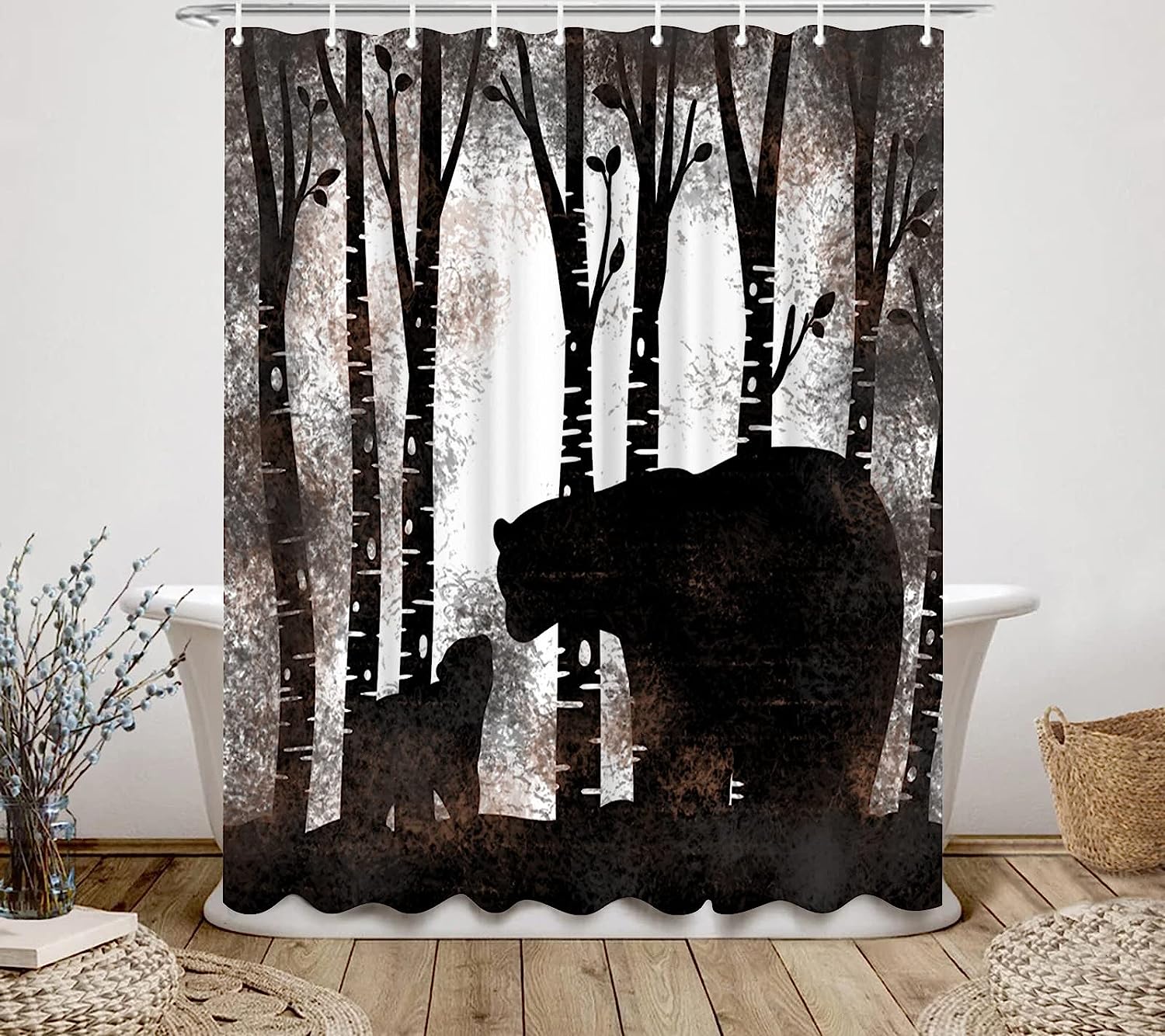 Rustic Bear Silhouette Shower Curtain with Birch Tree Forest Scene for Farmhouse Cabin Bathroom