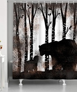 Rustic Bear Silhouette Shower Curtain with Birch Tree Forest Scene for Farmhouse Cabin Bathroom