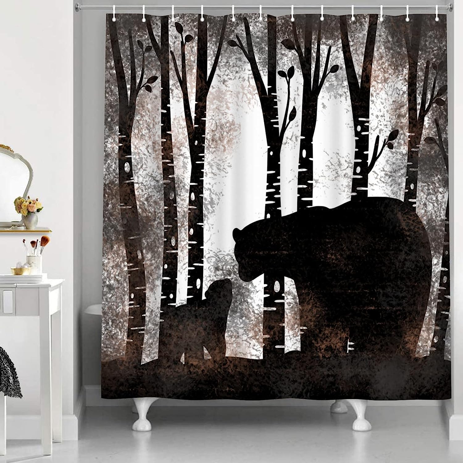 Rustic Bear Silhouette Shower Curtain with Birch Tree Forest Scene for Farmhouse Cabin Bathroom