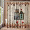 Rustic Birdhouse Shower Curtain with Texas Star and Red Cardinals on Wooden Fence Plank