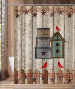 Rustic Birdhouse Shower Curtain with Texas Star and Red Cardinals on Wooden Fence Plank