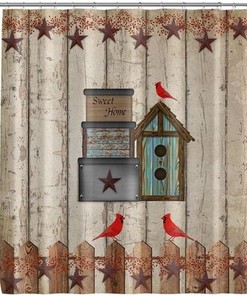Rustic Birdhouse Shower Curtain with Texas Star and Red Cardinals on Wooden Fence Plank