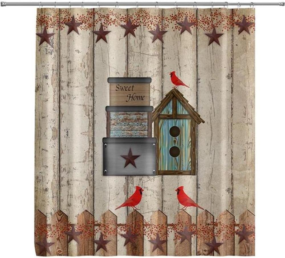 Rustic Birdhouse Shower Curtain with Texas Star and Red Cardinals on Wooden Fence Plank