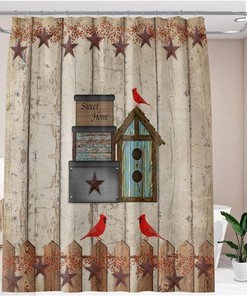 Rustic Birdhouse Shower Curtain with Texas Star and Red Cardinals on Wooden Fence Plank