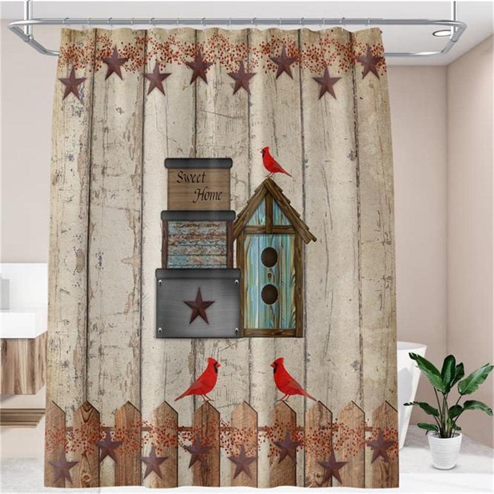 Rustic Birdhouse Shower Curtain with Texas Star and Red Cardinals on Wooden Fence Plank