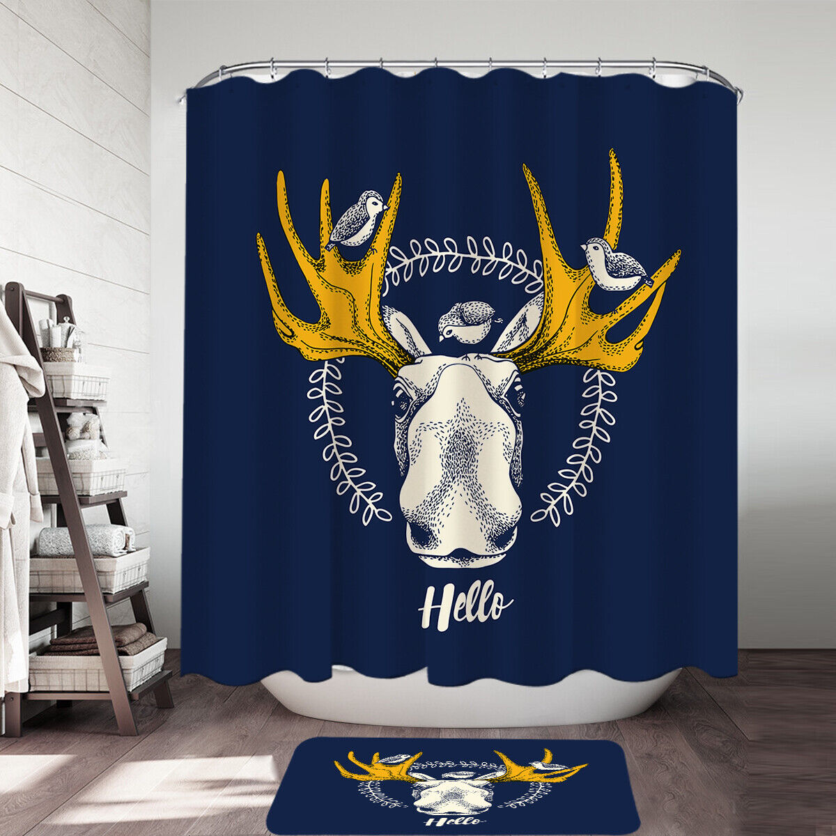 Rustic Birds And Moose Shower Curtain For Lodge Bathroom Decor, Nature Escape