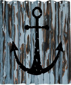 Rustic Black Anchor Shower Curtain - Nautical Ocean Planks Theme - Black Brown White Bathroom Decor