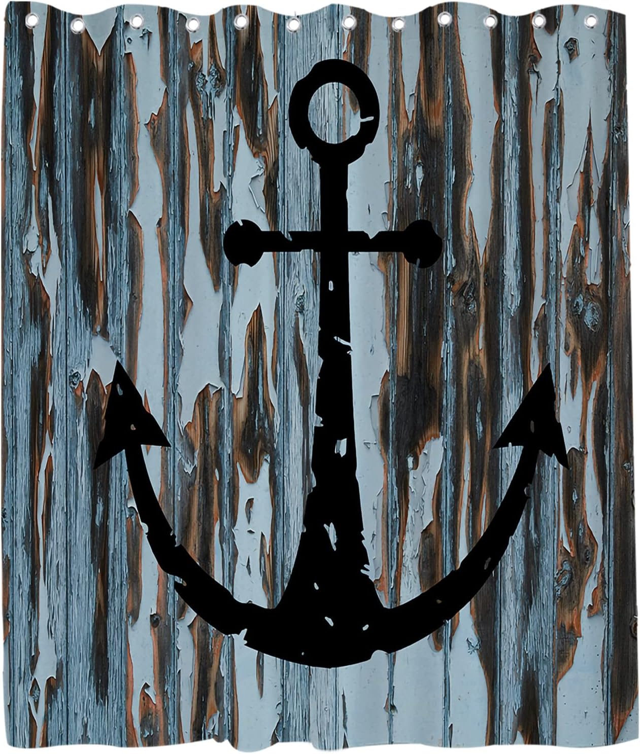 Rustic Black Anchor Shower Curtain - Nautical Ocean Planks Theme - Black Brown White Bathroom Decor