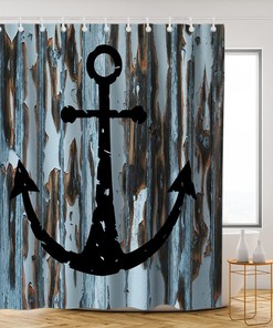 Rustic Black Anchor Shower Curtain - Nautical Ocean Planks Theme - Black Brown White Bathroom Decor