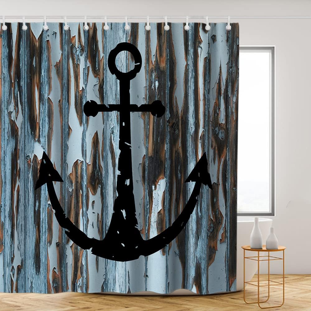 Rustic Black Anchor Shower Curtain - Nautical Ocean Planks Theme - Black Brown White Bathroom Decor