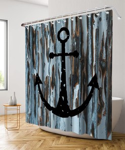 Rustic Black Anchor Shower Curtain - Nautical Ocean Planks Theme - Black Brown White Bathroom Decor