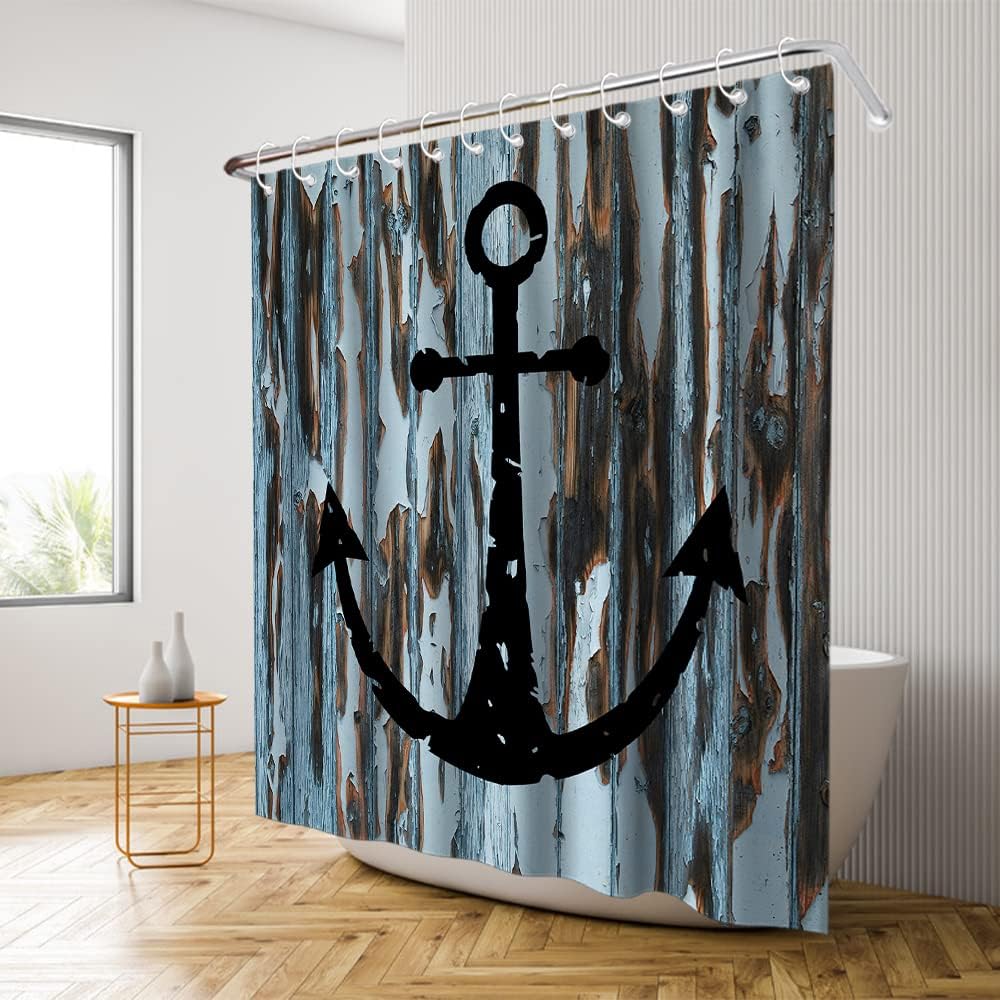 Rustic Black Anchor Shower Curtain - Nautical Ocean Planks Theme - Black Brown White Bathroom Decor