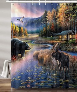 Rustic Black Bear Moose Shower Curtain Set for Country Hunting Lodge Bathroom