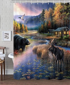 Rustic Black Bear Moose Shower Curtain Set for Country Hunting Lodge Bathroom