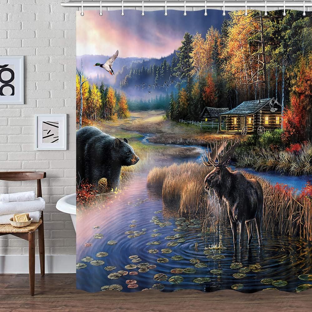 Rustic Black Bear Moose Shower Curtain Set for Country Hunting Lodge Bathroom
