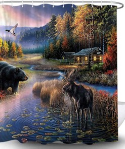 Rustic Black Bear Moose Shower Curtain Set for Country Hunting Lodge Bathroom