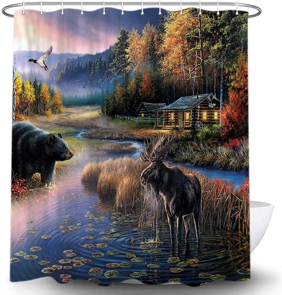 Rustic Black Bear Moose Shower Curtain Set for Country Hunting Lodge Bathroom