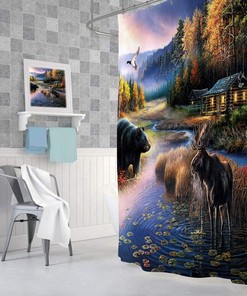 Rustic Black Bear Moose Shower Curtain Set for Country Hunting Lodge Bathroom