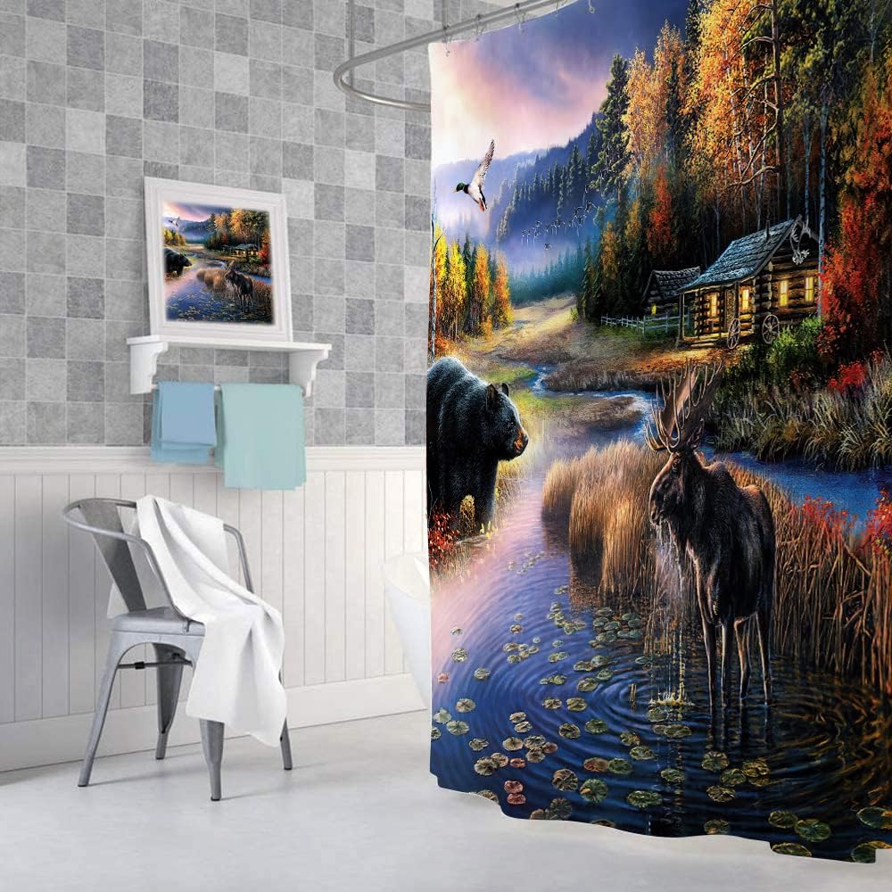 Rustic Black Bear Moose Shower Curtain Set for Country Hunting Lodge Bathroom
