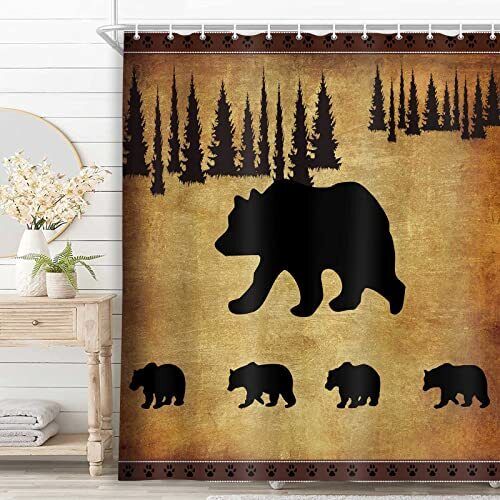 Rustic Black Bear Shower Curtain, Wildlife Cabin Bathroom Decor