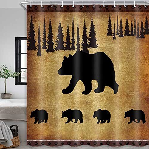 Rustic Black Bear Shower Curtain, Wildlife Cabin Bathroom Decor