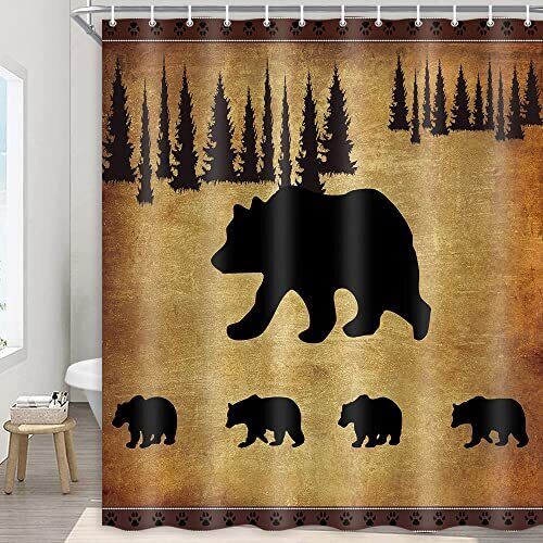 Rustic Black Bear Shower Curtain, Wildlife Cabin Bathroom Decor