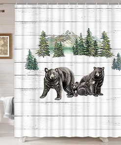 Rustic Black Bear Wildlife Shower Curtain In Black And White, Perfect For Your Rustic Farmhouse Bathroom Decor.