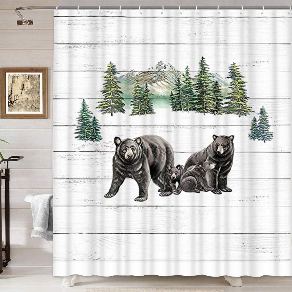 Rustic Black Bear Wildlife Shower Curtain In Black And White, Perfect For Your Rustic Farmhouse Bathroom Decor.