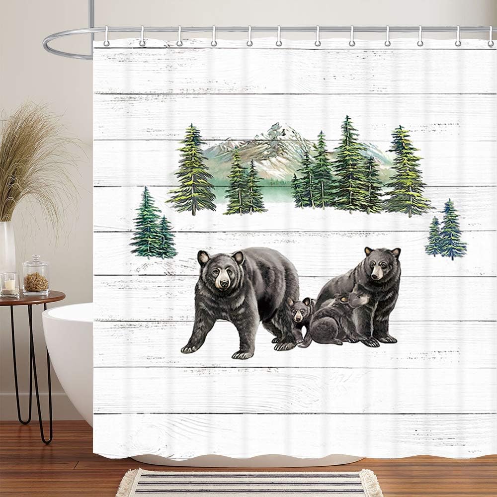 Rustic Black Bear Wildlife Shower Curtain In Black And White, Perfect For Your Rustic Farmhouse Bathroom Decor. - Image 3