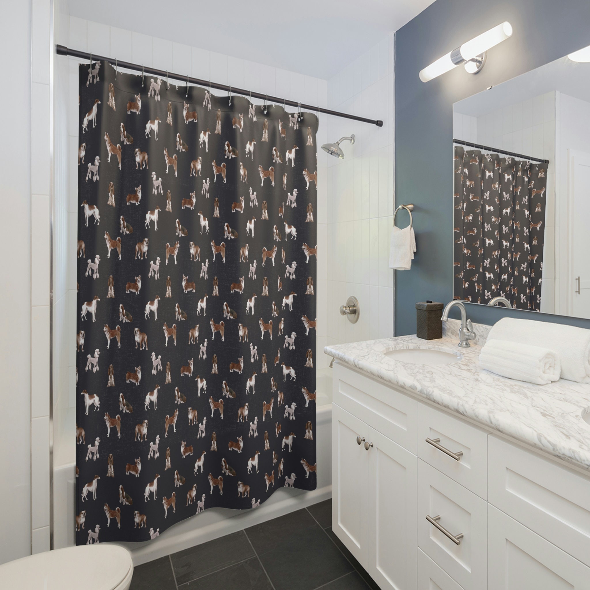 Rustic Black Dog Breeds Farmhouse Bathroom Decor Curtain With Dog Lover Theme