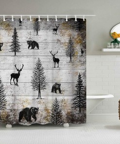 Rustic Black Elk Moose Deer Bear in Forest Pine Tree Design Shower Curtain for Bathroom Decor