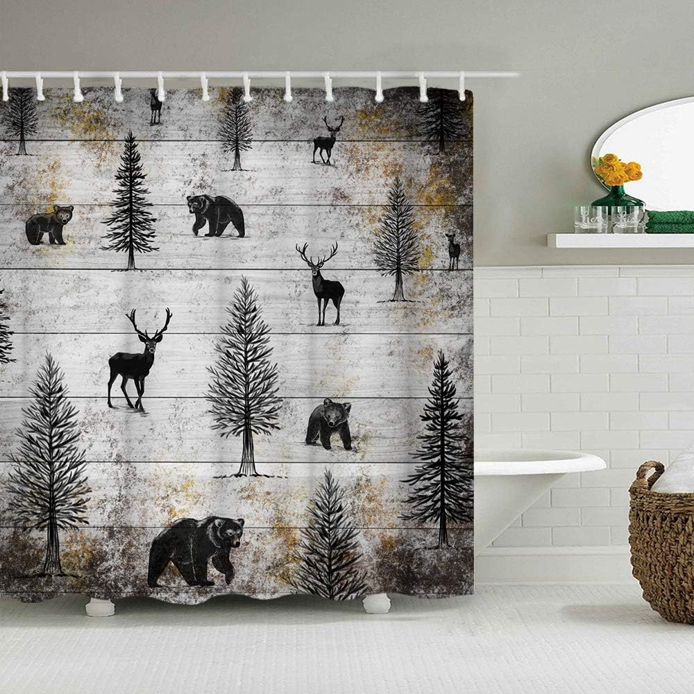 Rustic Black Elk Moose Deer Bear in Forest Pine Tree Design Shower Curtain for Bathroom Decor