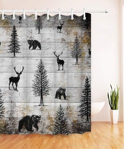 Rustic Black Elk Moose Deer Bear in Forest Pine Tree Design Shower Curtain for Bathroom Decor