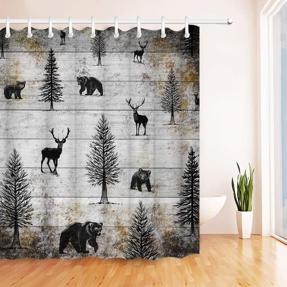 Rustic Black Elk Moose Deer Bear in Forest Pine Tree Design Shower Curtain for Bathroom Decor