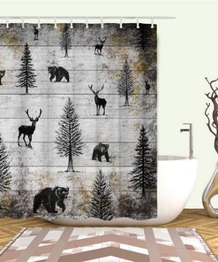 Rustic Black Elk Moose Deer Bear in Forest Pine Tree Design Shower Curtain for Bathroom Decor