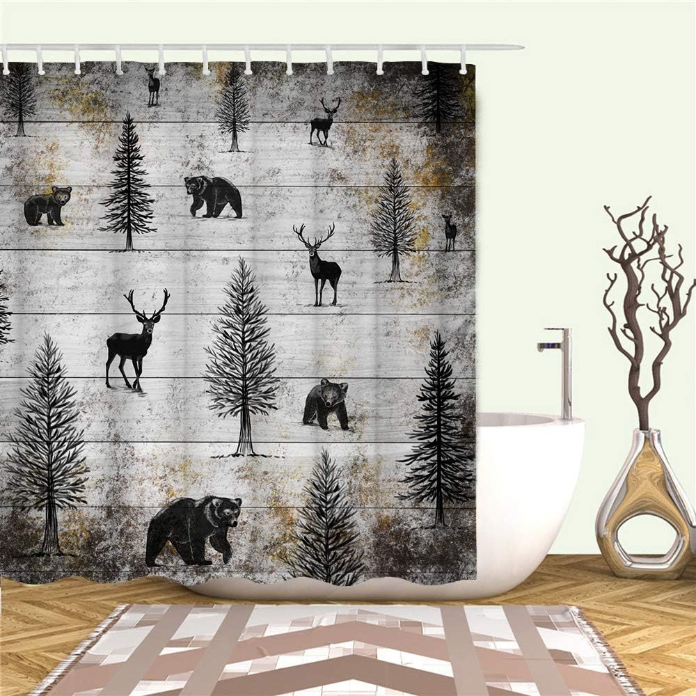Rustic Black Elk Moose Deer Bear in Forest Pine Tree Design Shower Curtain for Bathroom Decor