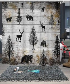 Rustic Black Elk Moose Deer Bear in Forest Pine Tree Design Shower Curtain for Bathroom Decor