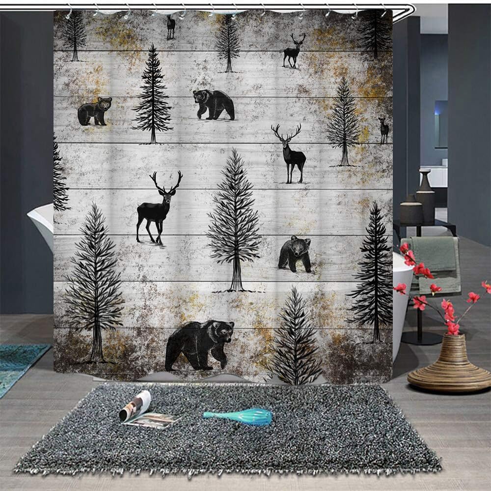 Rustic Black Elk Moose Deer Bear in Forest Pine Tree Design Shower Curtain for Bathroom Decor