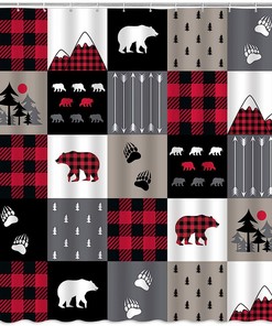 Rustic Black Red Plaid Check Shower Curtain with Bear Silhouettes Print 