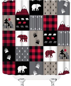 Rustic Black Red Plaid Check Shower Curtain with Bear Silhouettes Print