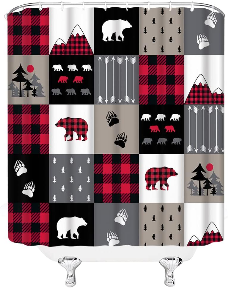 Rustic Black Red Plaid Check Shower Curtain with Bear Silhouettes Print