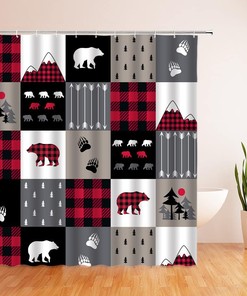 Rustic Black Red Plaid Check Shower Curtain with Bear Silhouettes Print