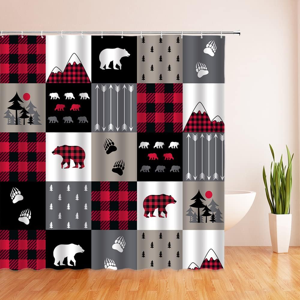 Rustic Black Red Plaid Check Shower Curtain with Bear Silhouettes Print